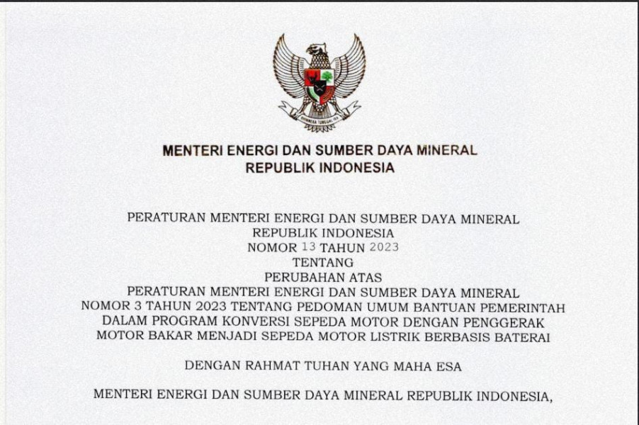 Peraturan Menteri ESDM Nomor 13 Tahun 2023 Tentang Subsidi Motor Listrik Telah Terbit, Simak Selengkapnya